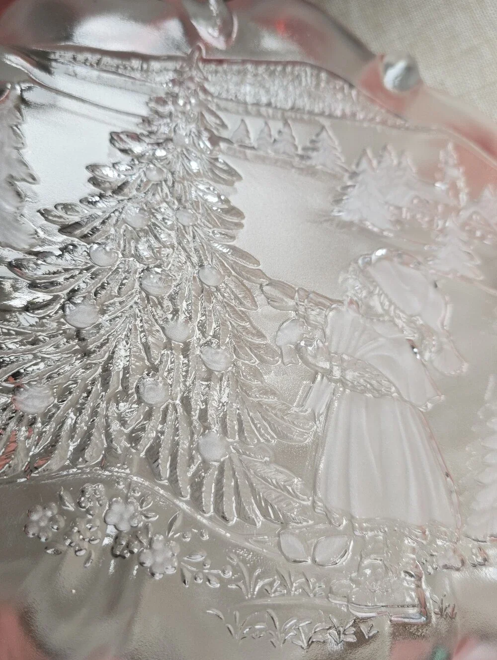 Vintage Frosted Pink Glass Christmas Bowl Girl Decorating Tree 12